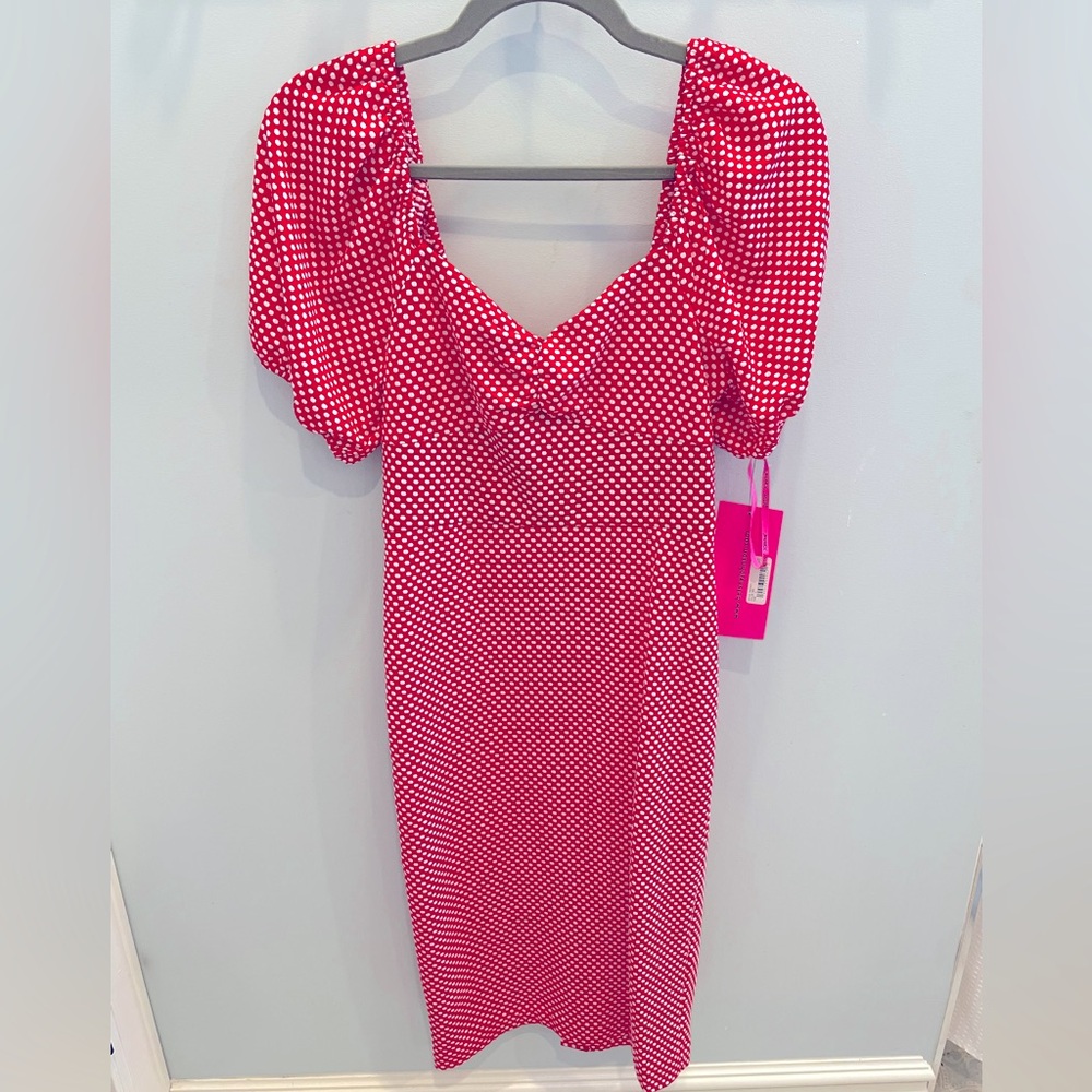 Betsey Johnson Red Polka Dot Puff-Sleeve Midi Dress